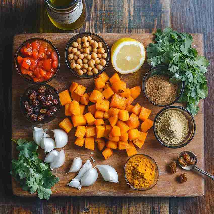 A wooden cutting board showcasing the ingredients for a Moroccan vegan tajine. The board holds chopped sweet potatoes, chickpeas, diced tomatoes, raisins, garlic cloves, fresh cilantro, lemon, and small bowls of ground spices including cumin and turmeric. A bottle of olive oil is partially visible at the top, adding to the vibrant and rustic presentation.




A wooden cutting board showcasing the ingredients for a Moroccan vegan tajine. The board holds chopped sweet potatoes, chickpeas, diced tomatoes, raisins, garlic cloves, fresh cilantro, lemon, and small bowls of ground spices including cumin and turmeric. A bottle of olive oil is partially visible at the top, adding to the vibrant and rustic presentation.