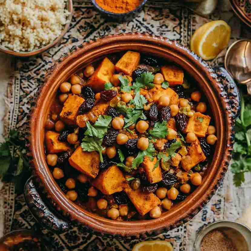 Easy Moroccan Vegan Tajine with Sweet Potatoes and Raisins