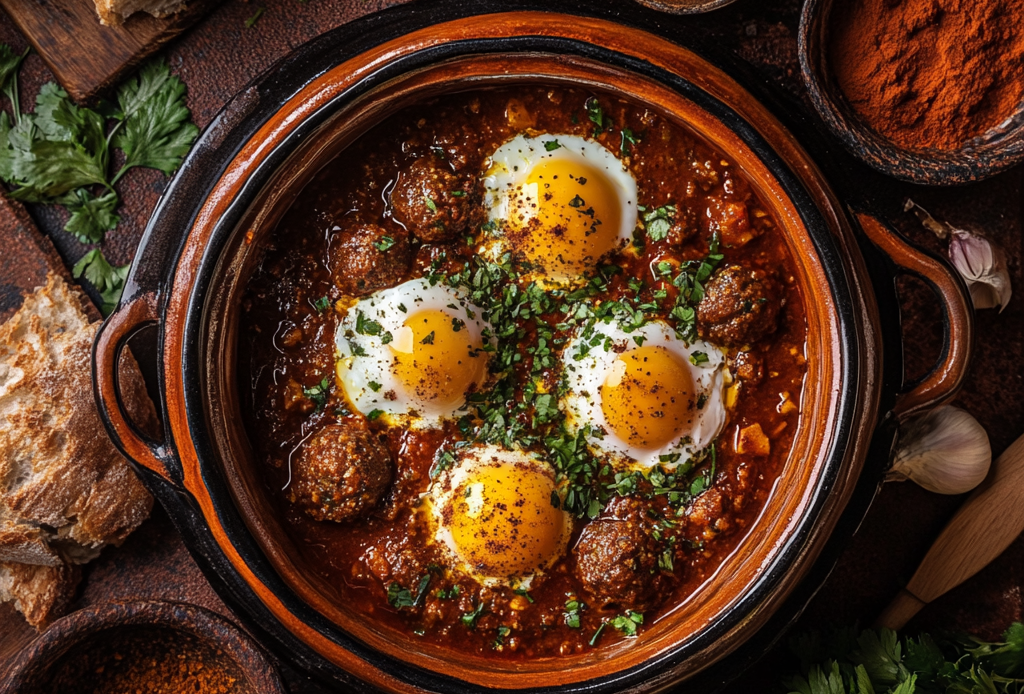 Traditional meatball recipe with eggs served in a tomato sauce.