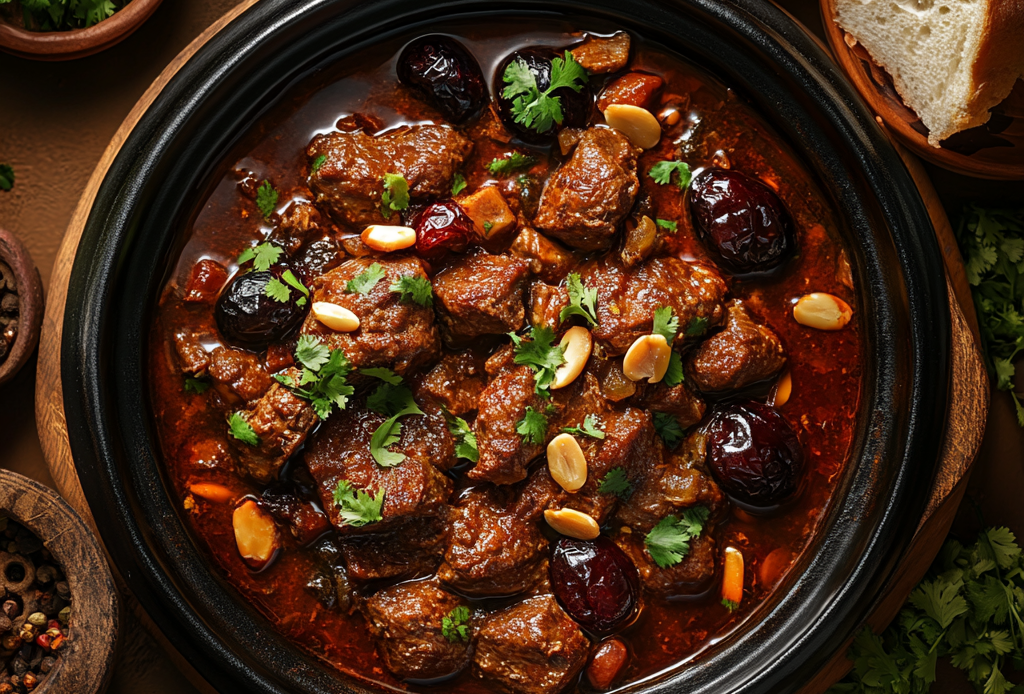 flavorful Moroccan meat and plum tajine, featuring tender chunks of meat, sweet plums, and aromatic sauce in a traditional earthenware dish.