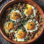 A traditional Moroccan tajine dish with khlii (preserved meat) and sunny-side-up eggs served in a rustic tajine pot.